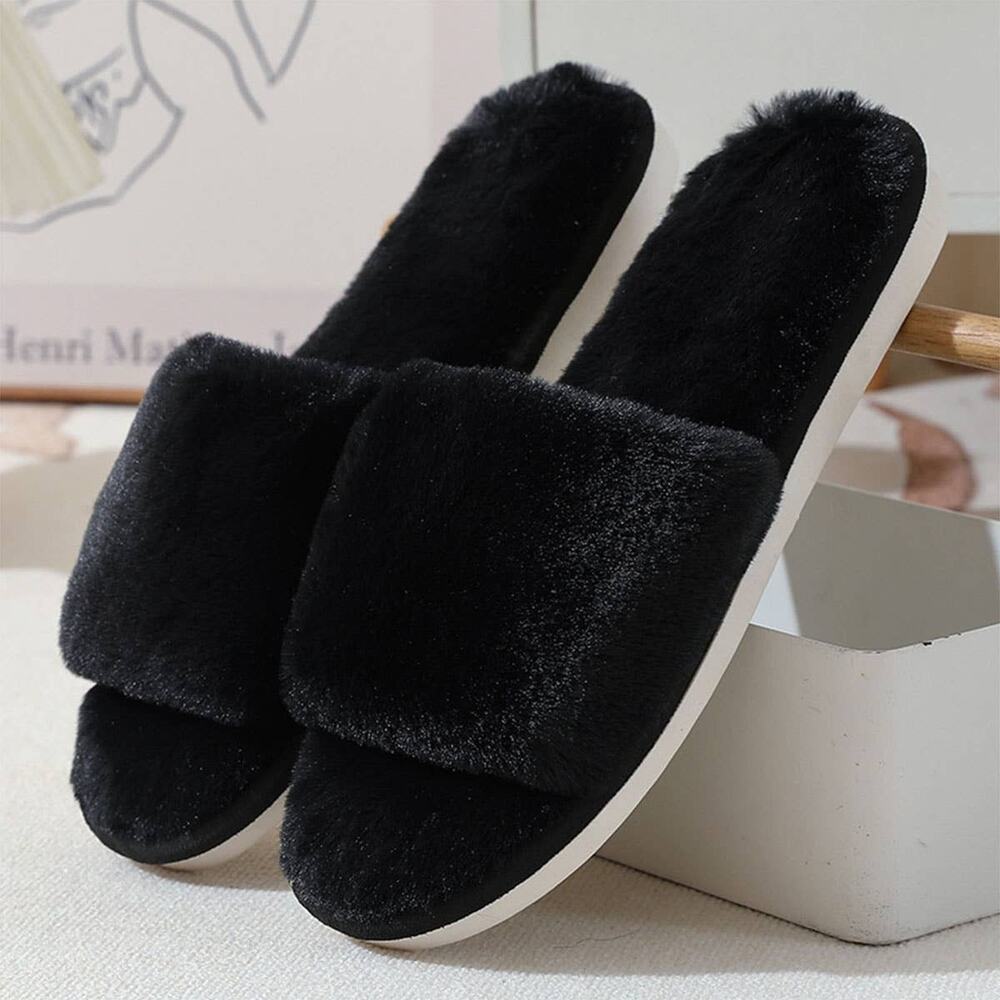 Faux Rabbit Fur Slippers For Women Black Color